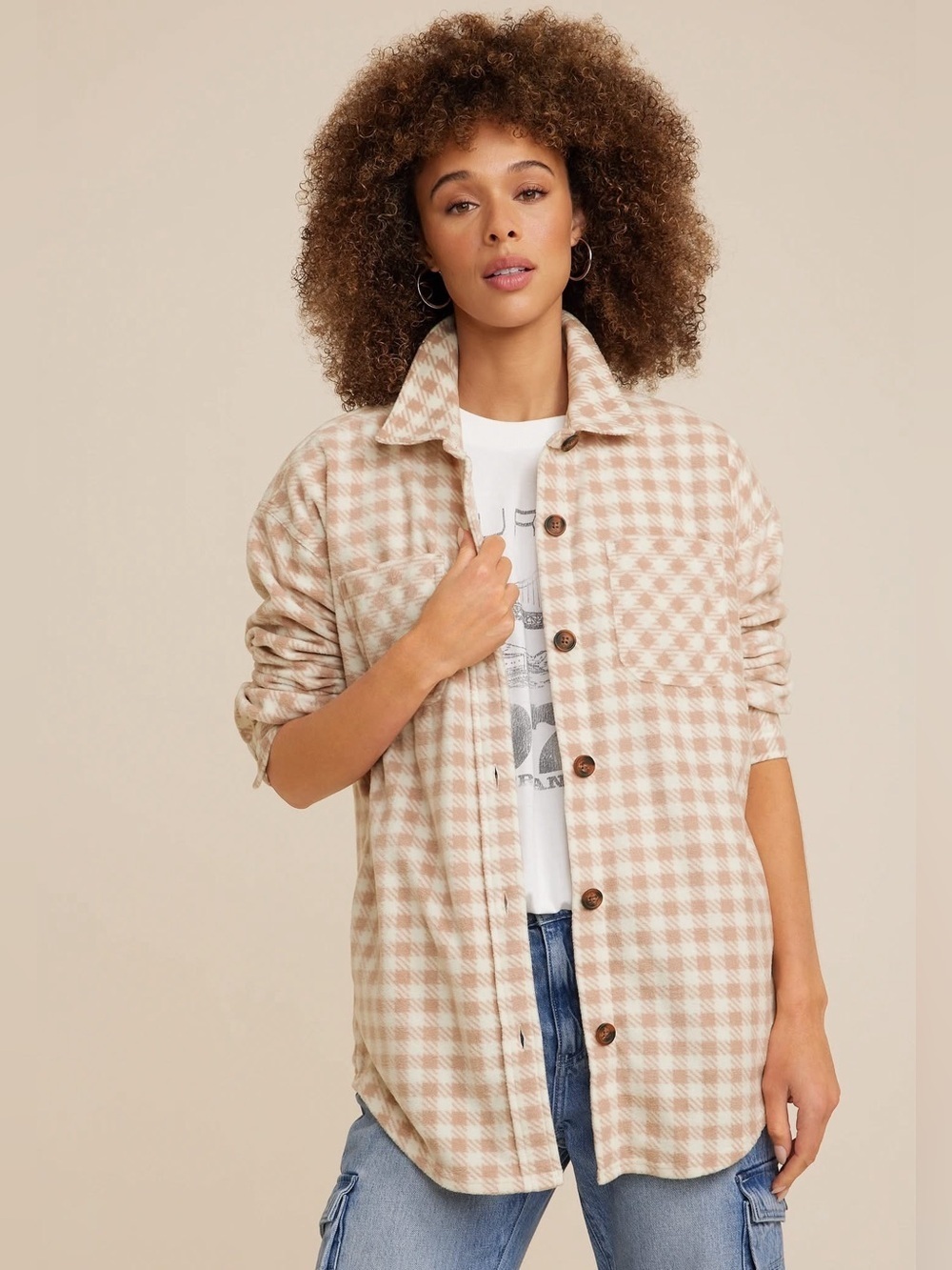 🧥 Maurices Wilder Pink and White Checkered Fleece Shacket size Medium